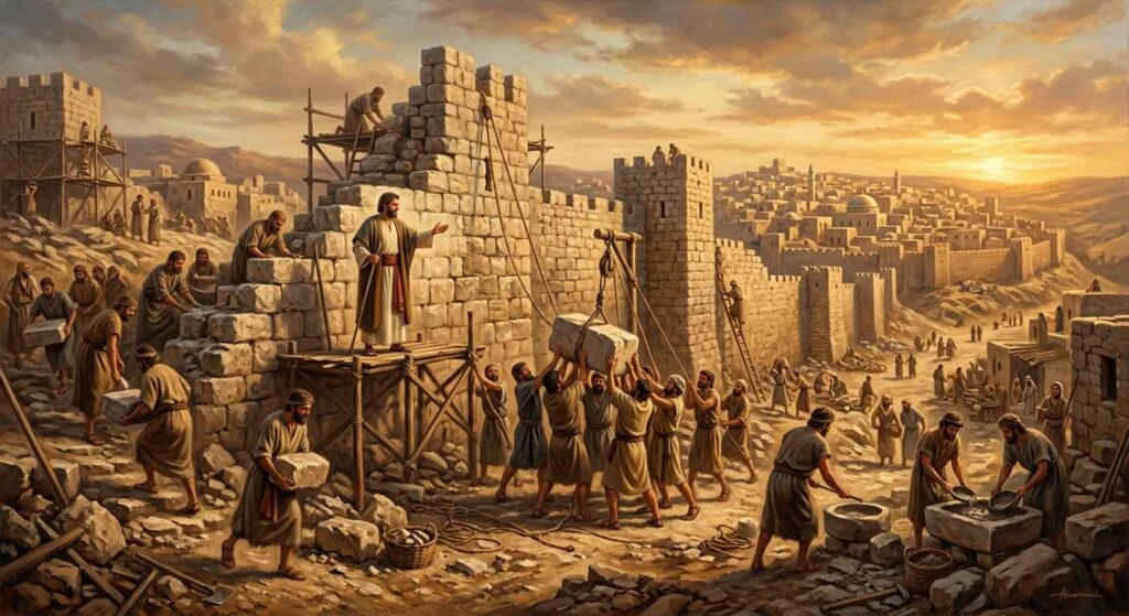 biblical scene of nehemiah and workers