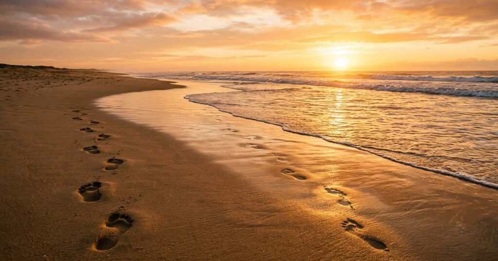 two sets of footprints in wet golden sand .png