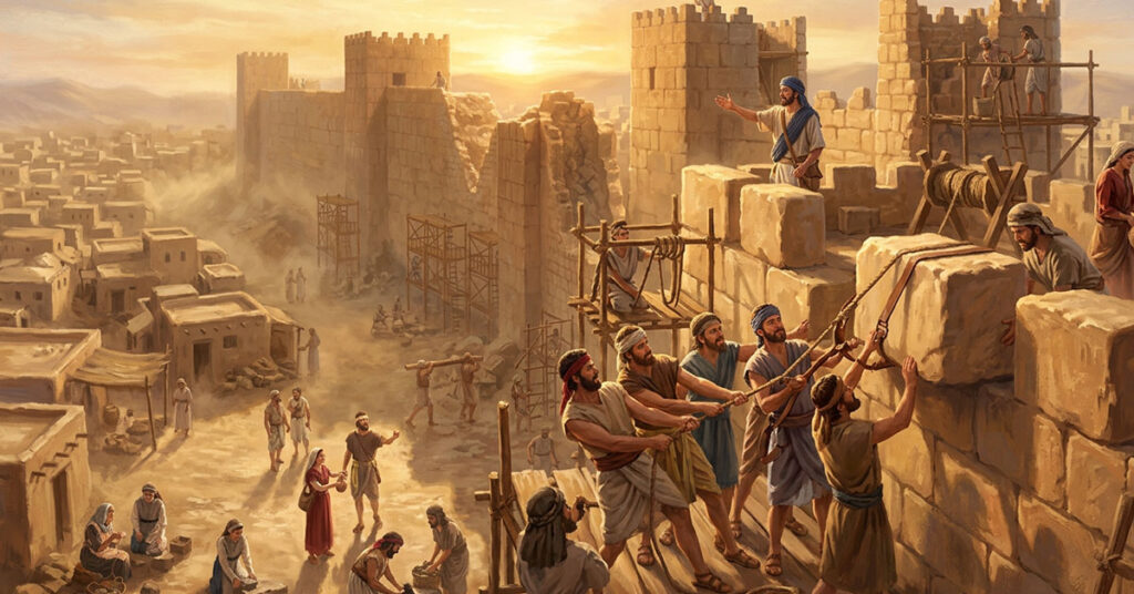 Biblical scene of Nehemiah and workers rebuilding the walls of Jerusalem