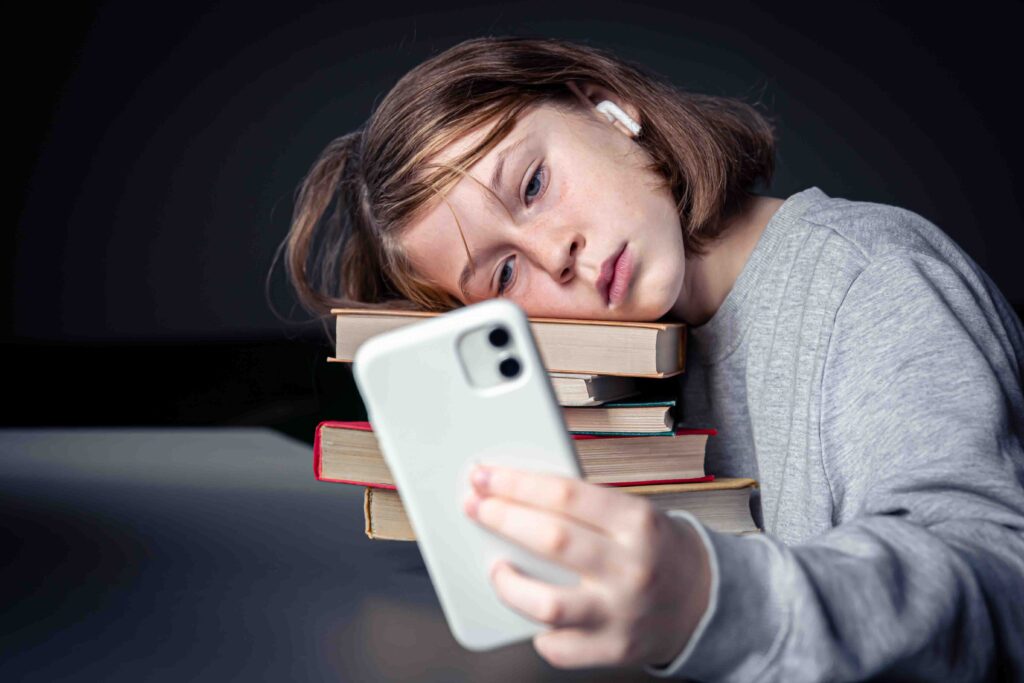 tired teen with books