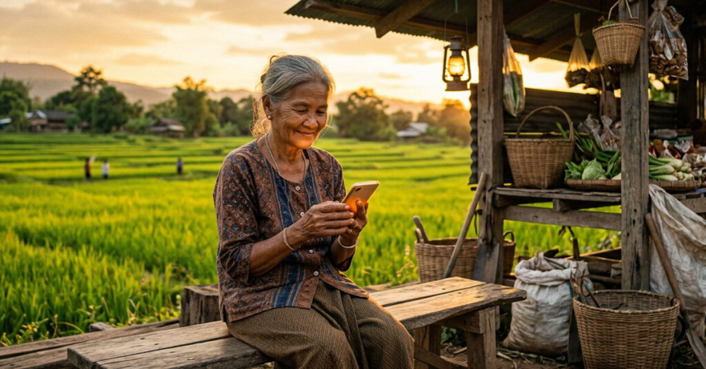 Woman in rural Southeast Asia using a smartphone, representing financial inclusion and digital access for underserved communities