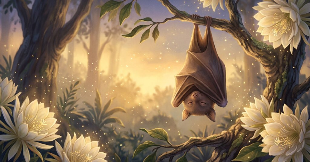 A bat, seen by many as a bad omen, hangs peacefully upside down at dawn